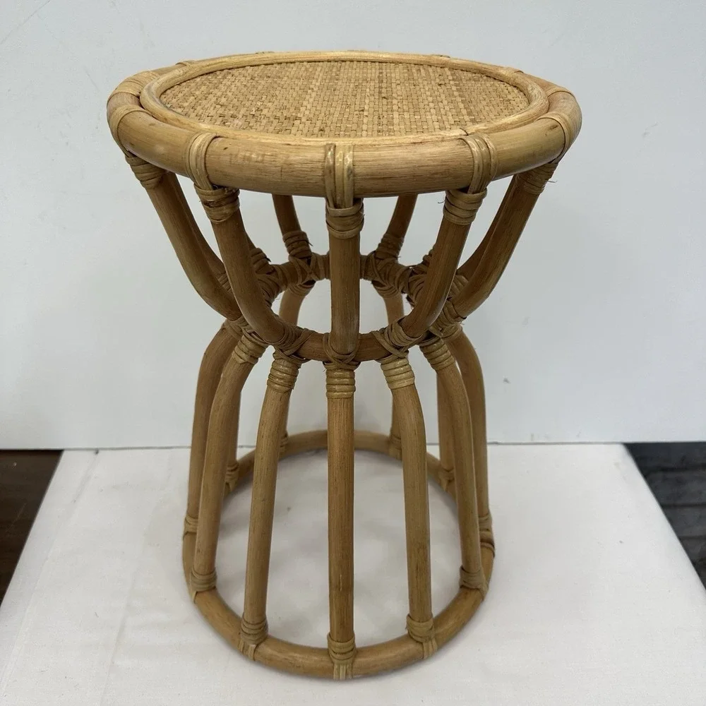 Rattan Bamboo Stool Ottoman Pouf Wicker Flower Stand, Natural Color 16.5
